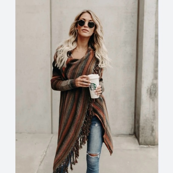Boho Wrap Blanket Cardigan Tassel Hem Shawl Knit Sweater Rust Orange Brown Small - Picture 1 of 10